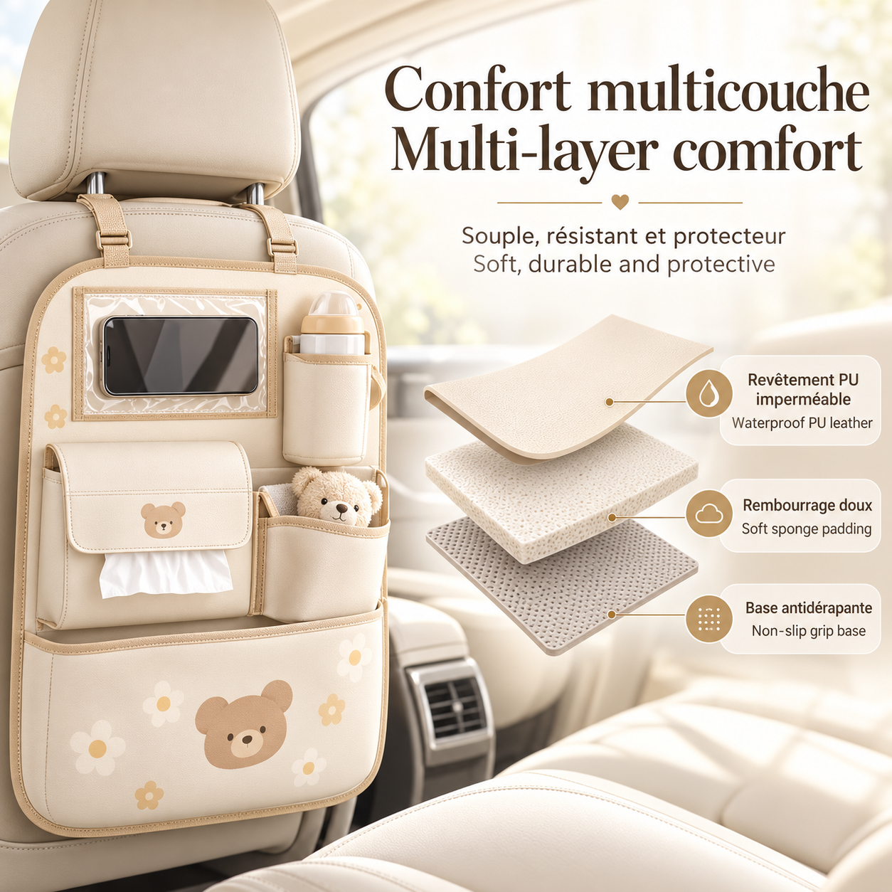 CoconDrive™ – Organisateur de siège auto multifonction.