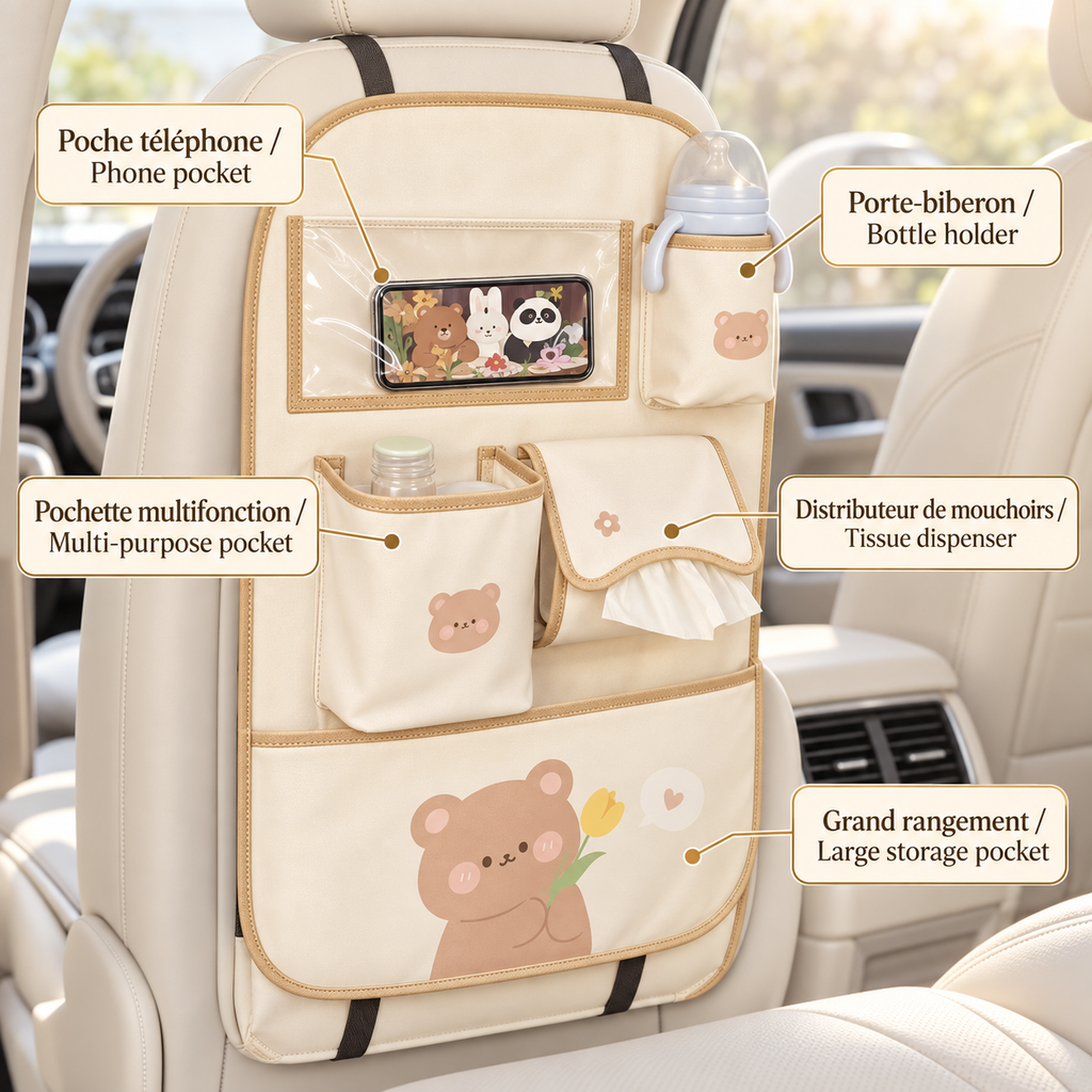 CoconDrive™ – Organisateur de siège auto multifonction.
